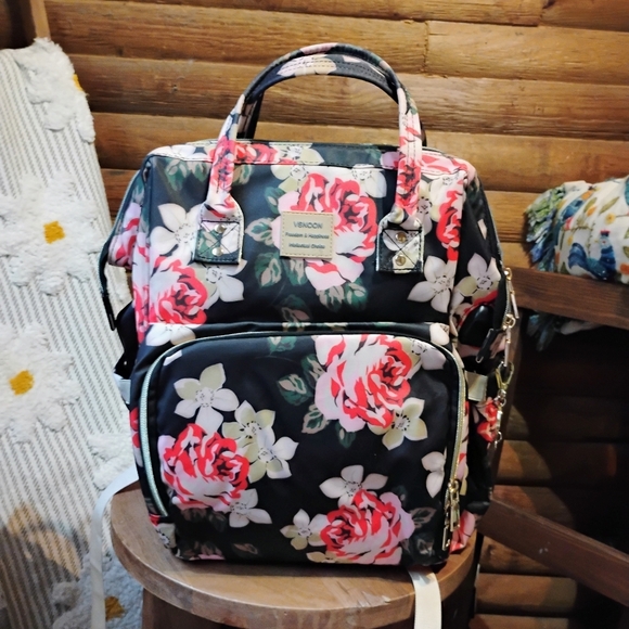 VSNOON Laptop Backpack Stylish College School Backpack with USB Black Pink Roses - Picture 1 of 13